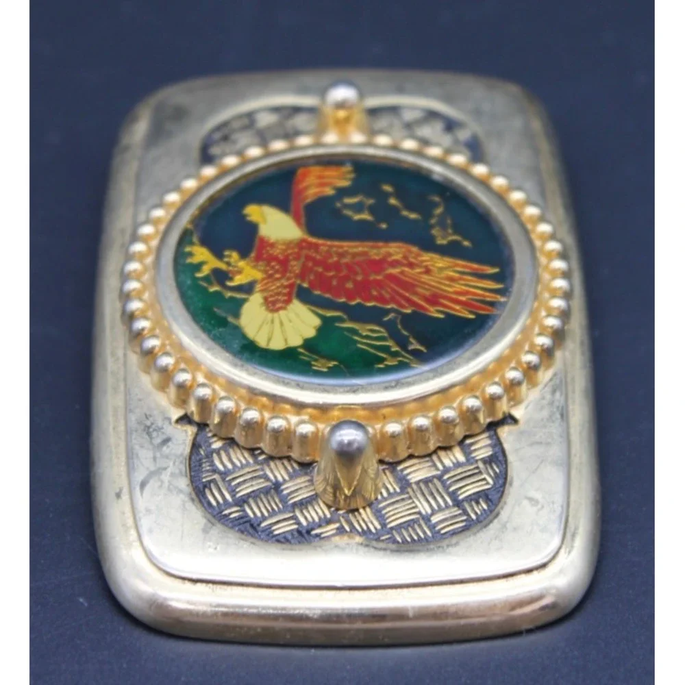 Vintage Brass Rectangle Belt Buckle Enamel Eagle Emblem Made in USA